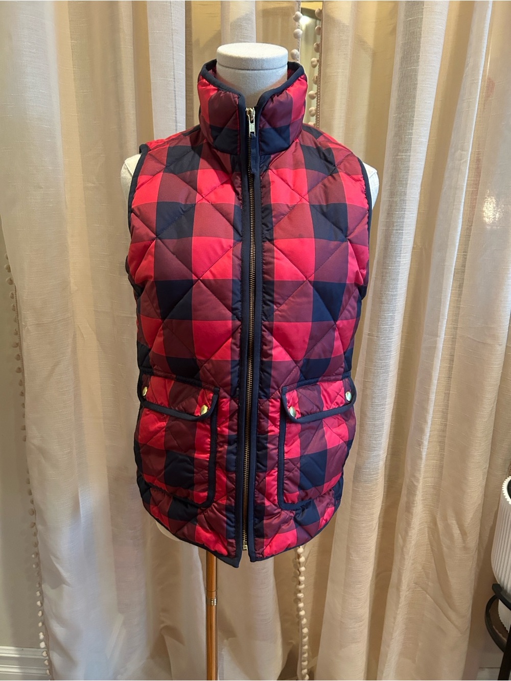 J. Crew Quilted Buffalo-Check Puffer Vest in Red & Navy